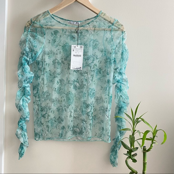 NEW ZARA Green Floral Mesh Sheer Top Ruched Blouse - Picture 3 of 10